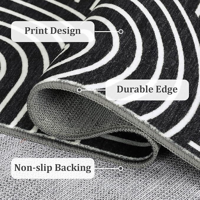 ROYHOME Modern 2x3 Washable Rugs for Entryway, Non Slip Soft Small Area Rug | Abstract Rug for Bedroom, Rainbow Bath Mat with Rubber Back, Low Pile Stain Resistant Geometric Carpet for Kitchen, Black
