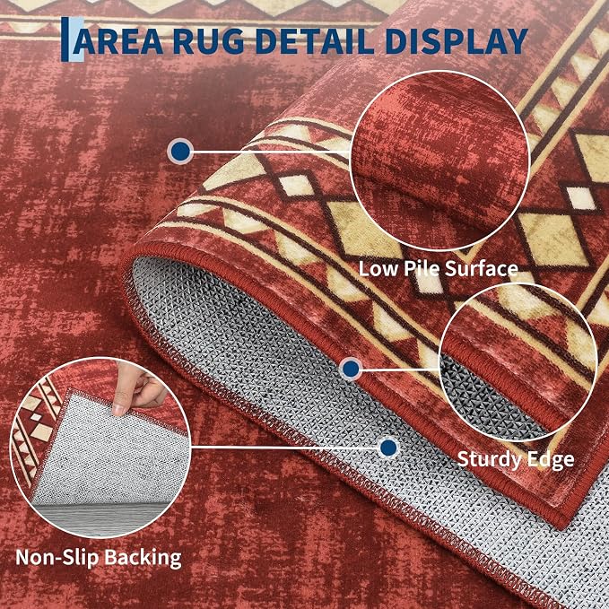 Garvee 5x7 Area Rugs Vintage Border Washable Rugs Living Room, Red | Boho Area Rug Stain Resistant Easy Cleaning Throw Rugs Non Shedding Low Pile Floor Cover for Nursery Dining Room