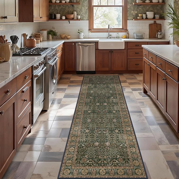 2'6" x 10' Kitchen Runner Rug, Washable Non Slip, Dark Green Brown | Vintage Floral, Spill Resistant, Lightweight Low Pile Carpet for Hallway, Bedroom, Laundry Room and Bathroom