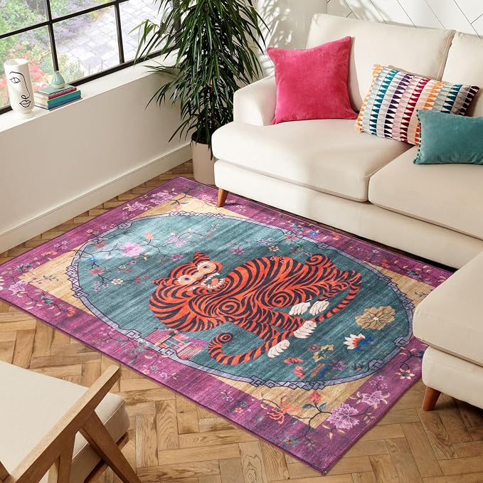 Tiger Rug Washable 3x5 ft Oriental Traditional Animal Print Vintage Fuchsia Floral Tibetan Rugs for Bedroom Kitchen Living Room Indoor Entryway