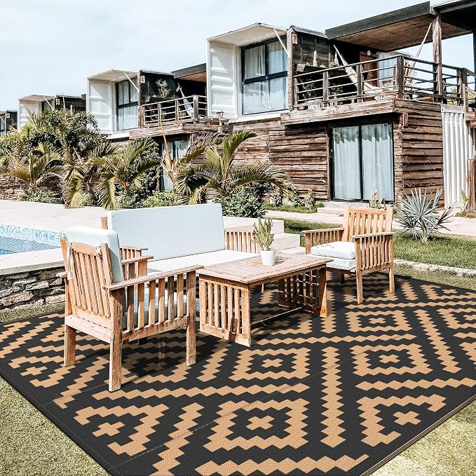 GENIMO Outdoor Rug Waterproof, 10' x 10' Reversible Plastic Straw Rugs, Lightweight Large RV Camping Mat for Patio, Deck, Camper, Balcony, Backyard, Picnic, Black & Brown