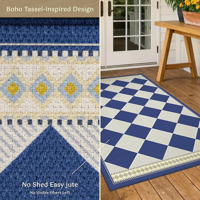 Diamond Checkered Easy Jute 3x4 Navy Blue Indoor Outdoor Rug, Washable Non Slip Boho Coastal Area Rugs for Entryway, Modern Minimalist Patio Porch Floor Mat, Kitchen Bathroom Balcony Decor