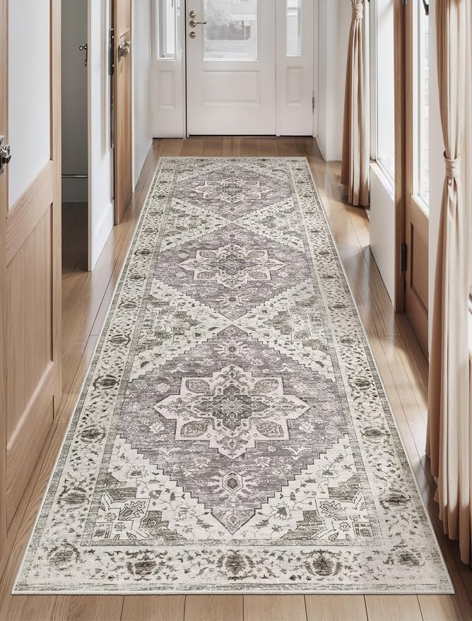 SERISSA 2'6"x8' Washable Non Slip Boho Runner Rug for Hallway，Earth Tone | Ultra Soft Vintage Oriental Carpet Low-Pile Distressed Tribal Floor Carpet for Kitchen Bedroom Bathroom Laundry Room