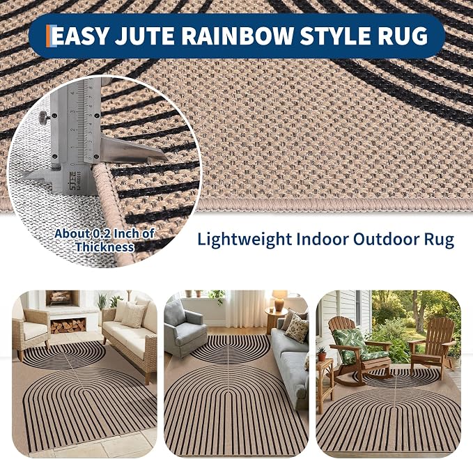 GarveeHome Modern Rainbow 8x10 Easy Jute Rug for Living Room Indoor Outdoor Patio Farmhouse, Contemporary Neutral Non Slip Non Shedding Carpet for Bedroom Backyard Dining Room