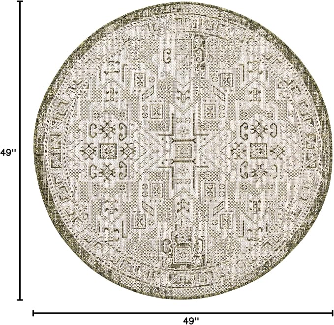 Unique Loom Outdoor Aztec Collection Area Rug - Coba (4' 1" Round, Green/ Ivory)