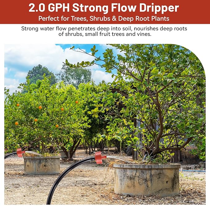 300 PCS 2 GPH Pressure Compensating Drip Irrigation Spot Dripper, Strong Flow Drip Irrigation Emitters Heads for Shrubs Small Trees, Irrigation Drippers Parts for Deep Root Outdoor Garden Irrigation