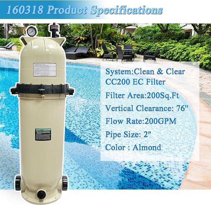 EC-160318 Cartridge Pool Filter Compatible with Pentair Clean & Clear CC200 | 200 GPM | 200 Sq.Ft.with Cartridge & Gauges,Almond