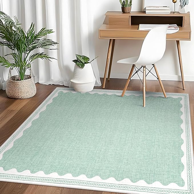 3x5 Scalloped Area Rugs Green Washable Entryway Bedroom Rug | Solid Tan Rug for Bedroom Girls, Non Slip Throw Carpet With Rubber Back, Soft Dorm Nursery Scalloped Rugs for Dining Room