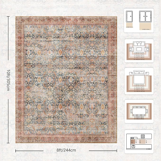 8x10 Area Rugs for Living Room - Washable Vintage Retro Large Rug, Soft Ultra Thin Non Slip Low Pile Traditional Distressed Boho Carpet for Bedroom Dining Room Home Office, Rust Clay