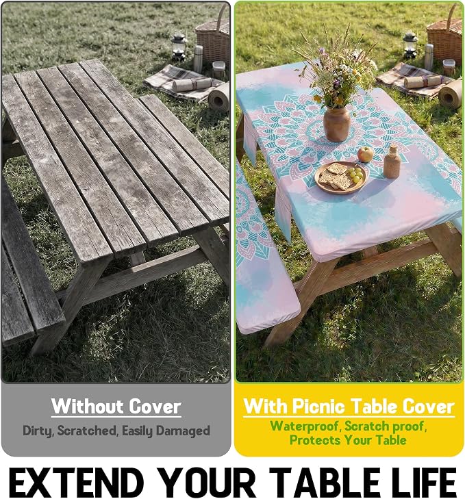 Picnic Table Cover with Bench Covers Waterproof Elastic Rectangle Reusable Folding Tablecloth Mantelería Manteles Camping Essentials Rv Car Travel Supplies Table Cloth Outdoor Road Trip Camper Gifts