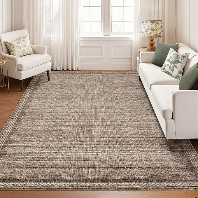 Garvee Modern Bordered Rugs for Living Room 8x10 Large Washable Rug Coffee | Non Slip Low Pile Soft Carpet Foldable Non Shedding Stain Resistant Floor Cover for Bedroom Playroom Nursery Office Dorm