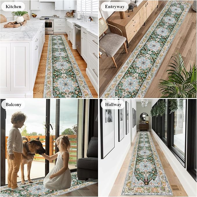U'Artlines 2.6' x 14' Extra Long Boho Hallway Runner Rug, Green | Non Slip Washable Vintage Farmhouse Accent Area Rug Carpet for Kitchen Entryway Laundry and Living Room