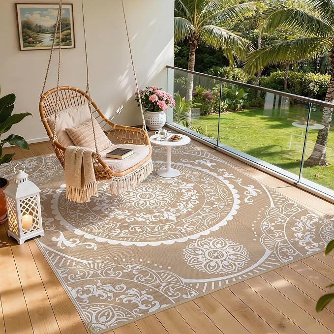 Pauwer Waterproof Outdoor Rug 9x12, Reversible Plastic Straw Patio Camping Rug, Indoor Outdoor RV Mat Carpet for Deck, Camper, Porch, Balcony, Backyard, Picnic, Paisley Brown