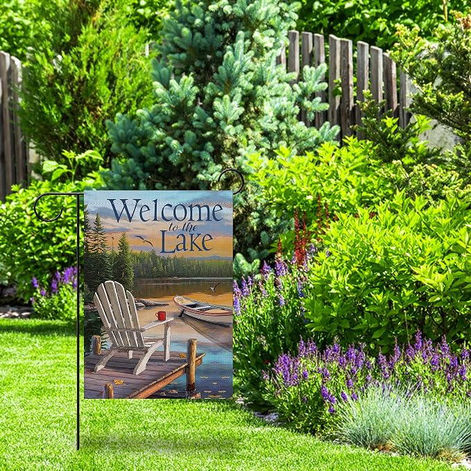 Furiaz Summer Spring Welcome to the Lake Adirondack Chairs Small Decorative Garden Flag, Lakehouse Lakeside Boat Ocean Yard Outside Burlap Decoration Outdoor Decor Double Sided 12x18