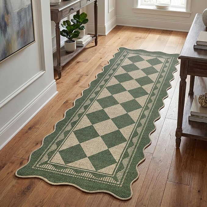 Garvee Easy Jute 2x6 Scalloped Kitchen Rugs Washable Rugs，Green | Indoor Outdoor Washable Rugs for Living Room Low Pile Floor Cover for Entryway Stain Resistant Indoor Carpet for Hallway