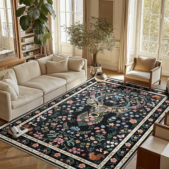 Area Rug Vintage Floral Deer Pattern 6x9 - Bohemian Forest Animal Carpet with Squirrel & Butterfly, Soft Decorative Area Rug for Living Room Bedroom Home Decor