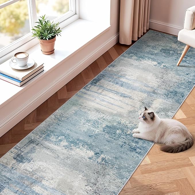 2.6x14 Extra Long Runner Rug: Grey Abstract Washable Non Slip Carpet Blue | Hallways - Soft Low-Pile Thin Indoor Runner for Long Spaces 2.6x14 Blue