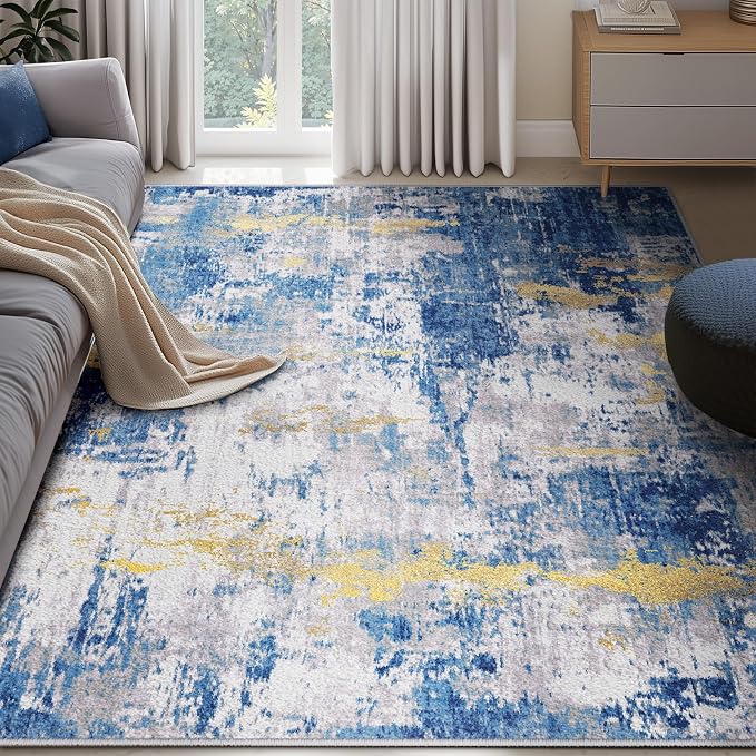 RELEANY Washable 6'x9' Abstract Area Rug for Living Room Blue Gold | Carpet for Bedroom, Kitchen, Office, Hallway and Entryway, Printed Pattern, Non‑Slip, Soft, Stain‑Resistant, Easy to Clean