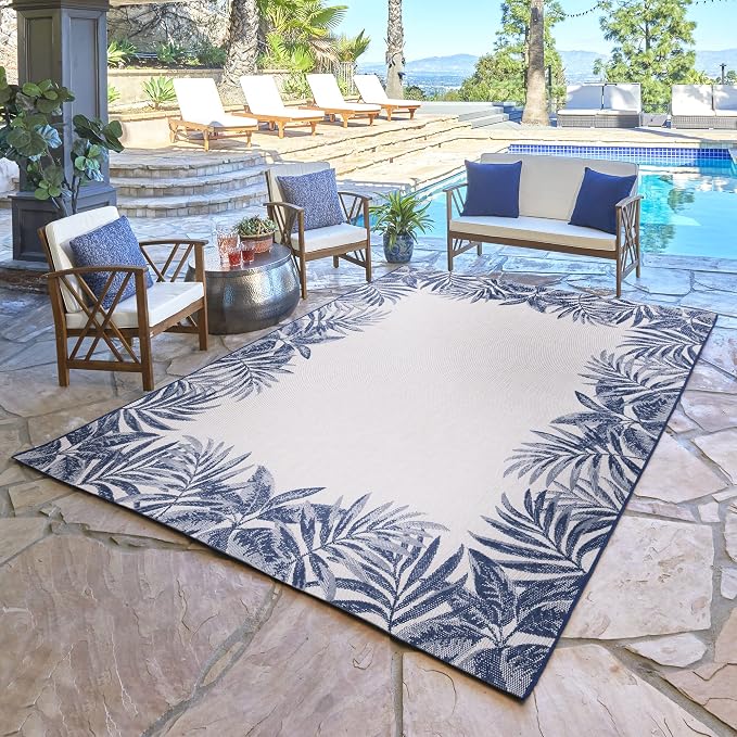 Gertmenian Indoor/Outdoor Flatweave Area Rug - 8x10 Large, Stain & UV Resistant, Ideal For Deck, Patio, Poolside, Mudroom - Palm Tree Border, Navy Blue, 22939