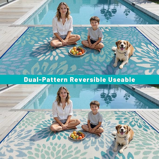 HEBE Waterproof Outdoor Rug 8x10 for Patios, Floral Reversible Plastic Straw Rug Patio Mat, Indoor Outdoor Carpet RV Mat Camping Rug for Deck, Camper, Porch, Balcony, Backyard, Picnic