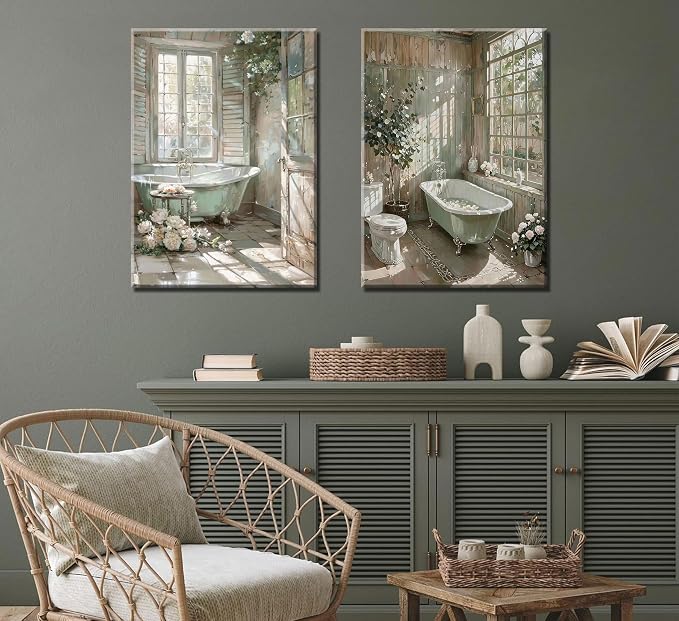 Vintage Farmhouse Theme Bathroom Canvas Wall Art Bathtub With Flowers Poster Print Painting Rustic Farmhouse Window Wall Decor Sunlit Floral Bathroom Pictures Artwork for Toilet Restroom Decoration