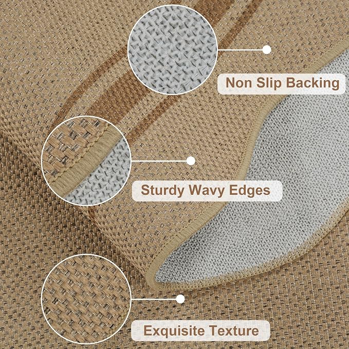 5x7 Scalloped Rug Easy Jute Washable Outdoor Patio Rug for Living Room Indoor Outdoor Tan Geometric Neutral Carpet for Backyard Patio Dining Room