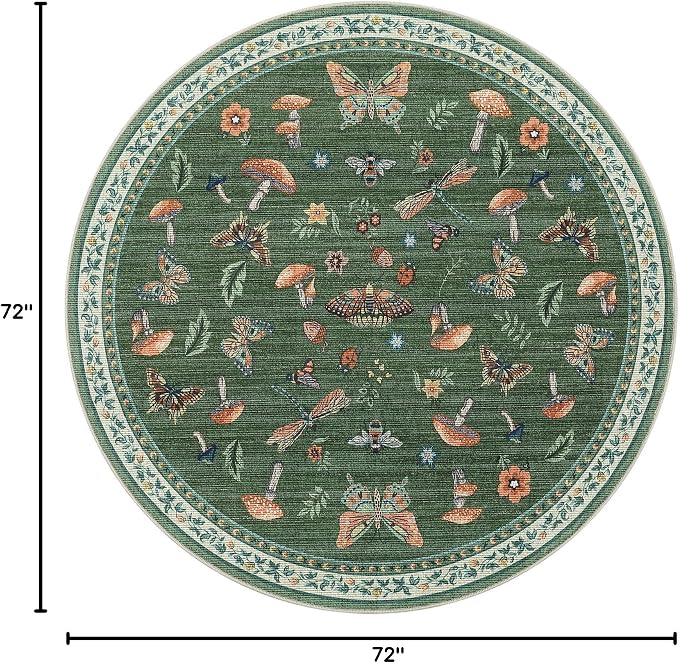 Mushroom Insect 6ft Round Rug Washable Non-Slip Soft Ultra-Thin Boho Circle Carpet for Living Room Bedroom Kitchen Nursery Dining Room Green