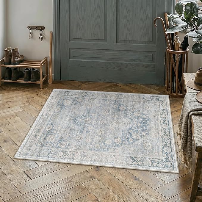2x3 Blue Farmhouse Area Rug | Washable, Non Slip, Soft Low Pile, Neutral Vintage, for Entryway Kitchen Bathroom Living Room Bedroom Indoor Home Decor