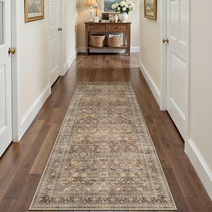 2x6 Brown Vintage Distressed Washable Runner Rug for Hallway | Low Pile, Non Slip, Retro Style, Soft Distressed Hallway Runner Rug for Kitchen, Entryway, Laundry Room, Home Decor