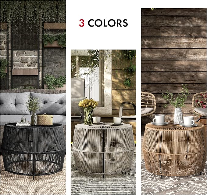 Furniture of America Ysar Boho Rattan Round Coffee Table Outdoor with Metal Frame, All-Weather and Rust Resistant, Handcrafted Coastal Furniture for Patio, Poolside, Garden, Yard, Gray