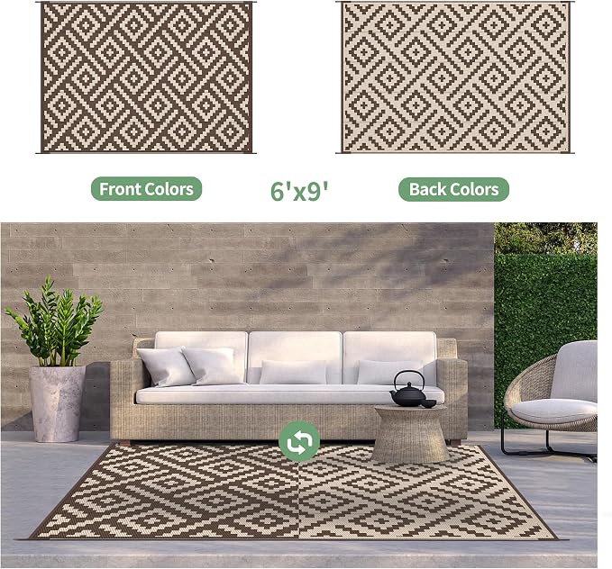 GENIMO Outdoor Rug for Patio Clearance, 6'x9' Waterproof Camping Mat, Reversible Plastic Straw Rugs for RV, Camper, Balcony, Backyard, Picnic, Deck (Coffee & Beige)
