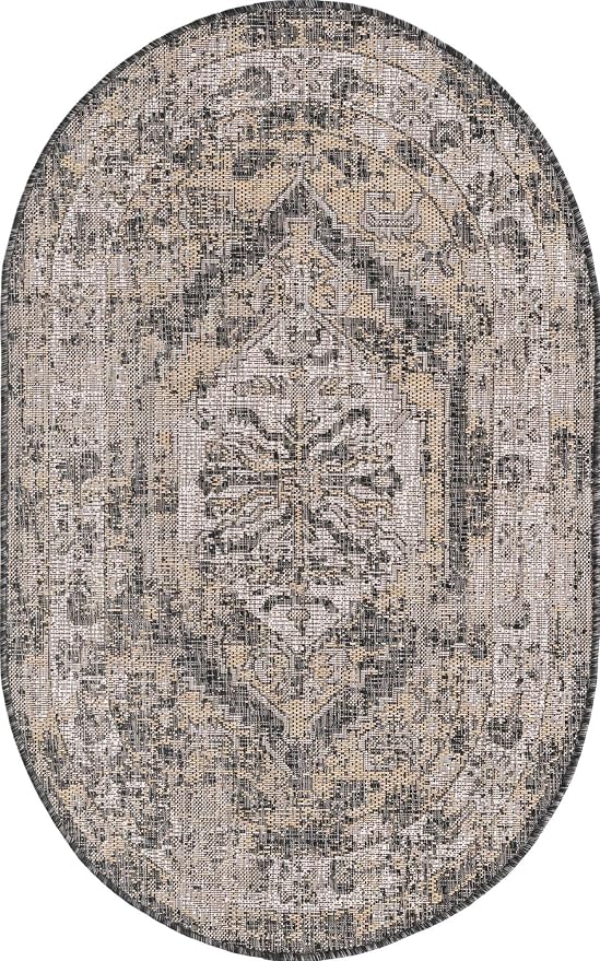 Unique Loom Outdoor Traditional Collection Area Rug - Valeria (3' 3" x 5' 3" Oval, Charcoal/ Natural)