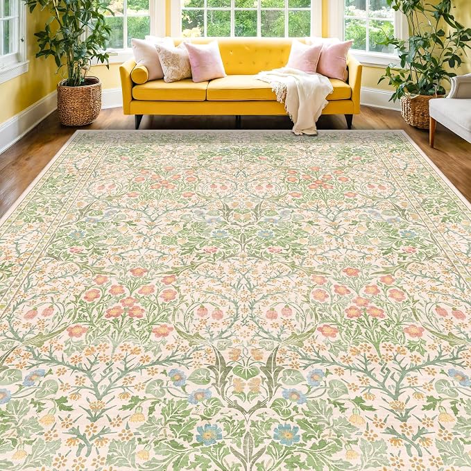 Cream Green Washable 8x10 Area Rugs for Living Room, Bedroom, Dining Room Under Table, Playroom, Stain Resistant Non-Slip Light Green Carpet with Pale Yellow and Pink Blossoms and Blue Flowers