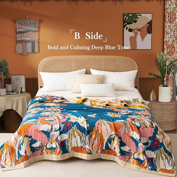 Phuryllic Boho Throw Blanket Queen Size, Oversized Soft Cozy Cotton Muslin Quilt Blanket for Bed Decor, Floral Patterned Couch Sofa Chair Cover, Vintage Farmhouse Cottage Woven Blanket, Yellow&Blue
