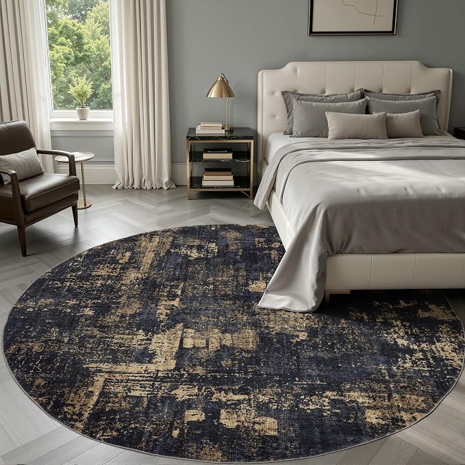 Sasttie 6ft Round Area Rug, Modern Abstract Circle Carpet, Black & Gold | Machine Washable, Ultra-Soft Faux Wool, Low Pile, Non-Slip, Lightweight, Thin, for Living Room, Bedroom, Dinning Room & Dorm