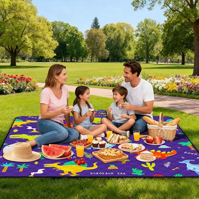 Extra Large Picnic Blanket Waterproof,80"x 80"Foldable Machine Washable Beach Blankets,Outdoor Blanket for 6-8 Adults,Picnic Mat Suitable for Indoor Crawling,Park Beach,Camping,Hiking,Travel（Dinosaur)