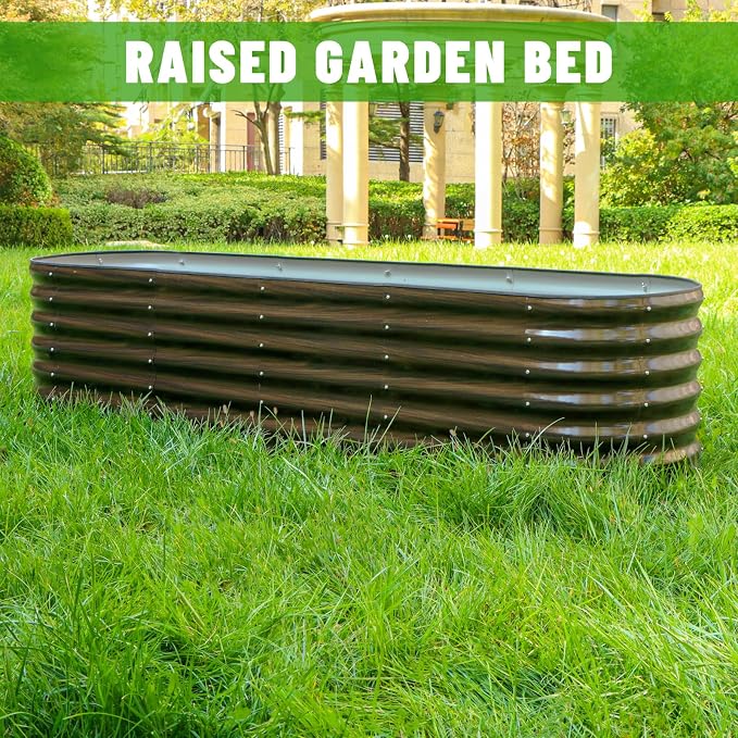 SnugNiture 8x2 ft Oval Raised Garden Bed - 22" Tall Galvanized Steel Planter Box for Vegetables, Herbs, Flowers | Easy Assembly with Support Rods, Brown