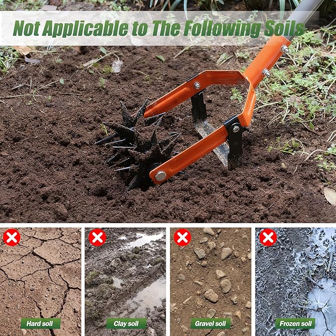 Walensee Rotary Cultivator Garden Tool, Adjustable Long Handle Hand Tiller with Star-Shaped Rolling Tines, 2-in-1 Weeder & Soil Aerator for Lawn Care, Reseeding Grass, Soil Mixing, Manual Yard Tiller