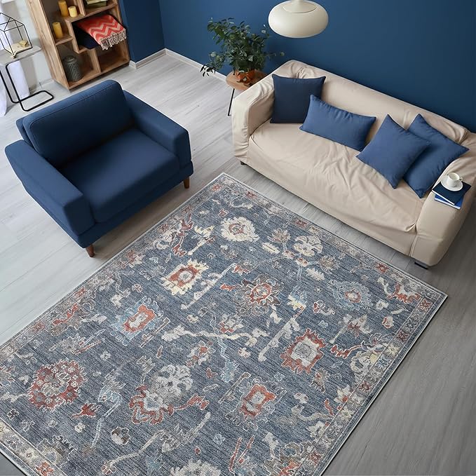 Keen Home Design Vintage Washable Area Rug, Non-Slip Low Pile, 5x7 | Machine Washable Cotton Chenille, 0.25In Low Pile, Rubber Non-Slip Back; Living Room, Bedroom, Dining Room, Office