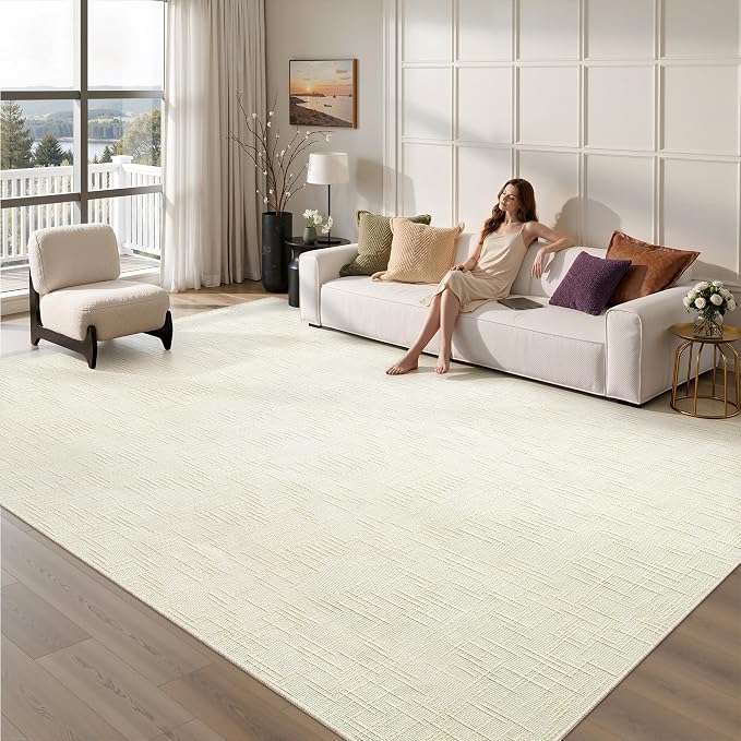 Valenrug 6x9 Area Rugs, High Low Pile Washable Rugs for Living Room, Ivory | Soft Fluffy Textured Design Non Slip & Lighweight, Folable, Stain Resistant Floor Carpet Rug for Bedroom, Dining Room, Office