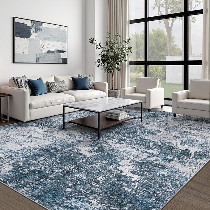pmtsns Area Rugs 10x14 Living Room: Washable Rug Modern Abstract Neutral Soft Non-Slip Low-Pile Indoor Large Carpet for Bedroom Dining Room Playroom Home Office (Blue Grey, 10'x14')