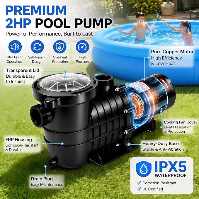 TOPWAY 2HP 110v Swimming Pool Pump 111GPM Filter Garden lnground and Above Ground Pools Water Pump