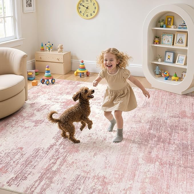 UERMEI 9x12 Area Rug Living Room Rugs - Washable Neutral Modern Abstract Soft Thin Large Rug Indoor Floor No Slip Rug Carpet for Bedroom Under Dining Table Home Office Decor - Pink