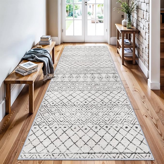 Moroccan 3x8 Runner Rug Hallway: Washable Farmhouse Non Slip Runners Grey | Low Pile Soft Kitchen Rugs - Geometric Modern Indoor Floor Neutral Carpet for Bedroom Entryway Laundry