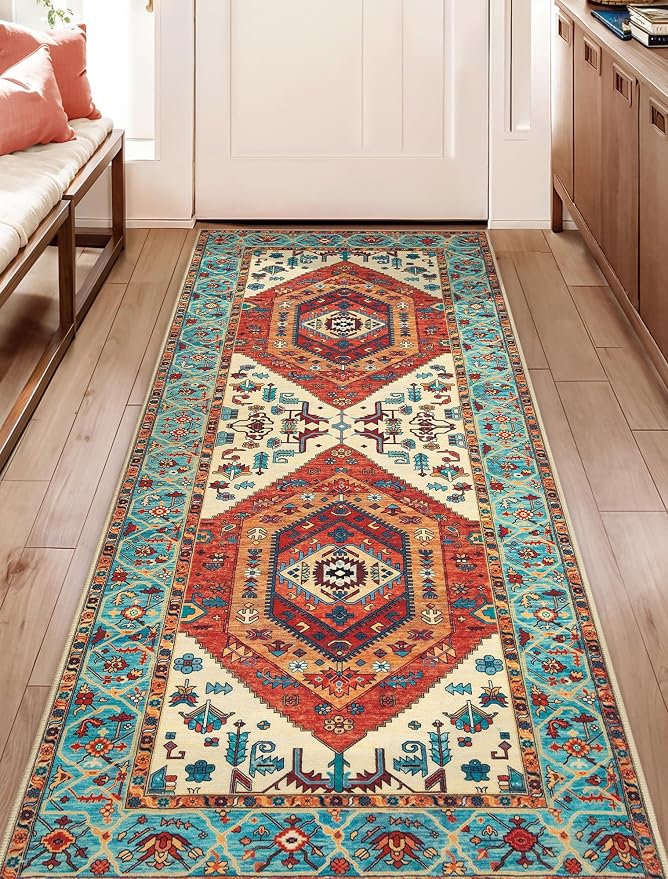 SERISSA 2x5 Washable Non Slip Boho Runner Rug for Hallway，Orange | Ultra Soft Vintage Oriental Carpet Low-Pile Distressed Tribal Floor Carpet for Kitchen Bedroom Bathroom Laundry Living Room