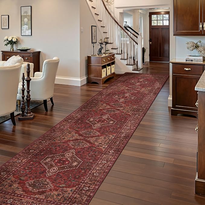 Tangsoo Red Boho 2.6x14 Washable Runner Rug for Hallway,Non Slip Runner Rug | Vintage Soft Low Pile Long Rug Runners, Oriental Print 14ft Carpet Runners for Kitchen Bedroom Entryway Living Room Dark Red