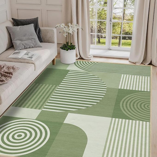 Green Geometric Area Rug 4x6 for Living Room Rug Machine Washable Minimalist Line Mid Century Modern Rugs Non Slip Low Pile Indoor Floor Carpet for Bedroom Dining Room Laundry Office,Green