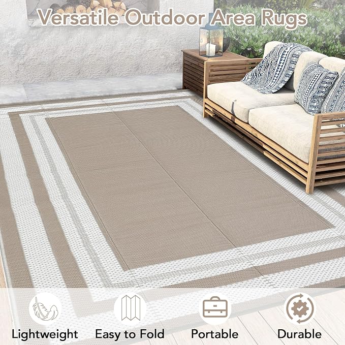 Garvee 9x12 Outdoor Rug for Patio Waterproof Reversible Mat Plastic Straw Rug Lightweight Foldable Carpet Easy Clean Large Rugs for Patio Porch Backyard Camping RV Beach Balcony Deck Panel Grey Brown