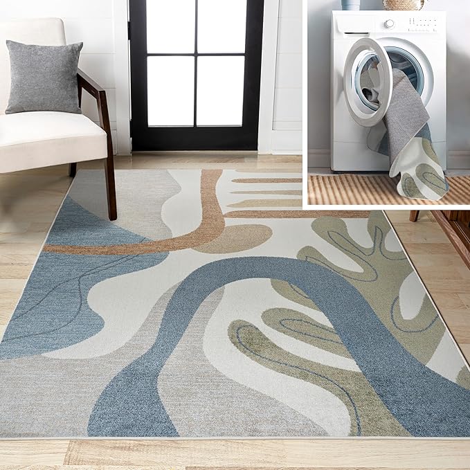 JONATHAN Y Machine Washable Cream/Multi Indoor Area Rug 5X8 ft, Algae Abstract Glam Botanical for Living Room, Bedroom, Kitchen, Office, Easy-Cleaning, Pet-Friendly, Non-Shedding WSH301A-5