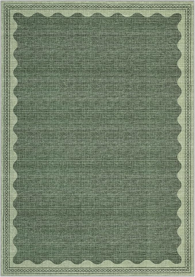 5x7 Scalloped Area Rugs Green Washable Living Room Bedroom Rug | Solid Tan Rug for Bedroom Girls, Non Slip Throw Carpet With Rubber Back, Soft Dorm Nursery Scalloped Rugs for Dining Room